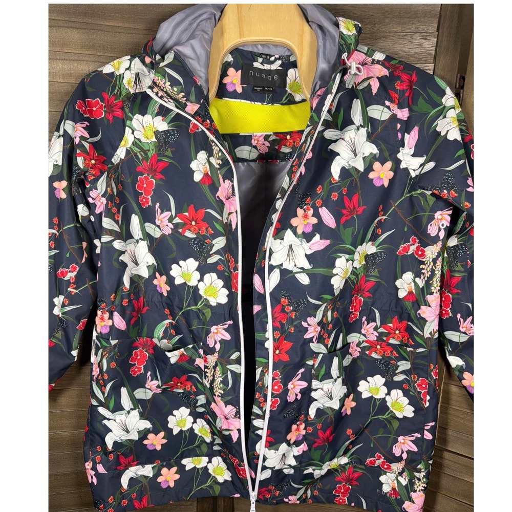 Nuage Women 1X Floral Butterfly Hooded Rain Jacket Navy Blue Full Zip Mesh Lined - Picture 4 of 10